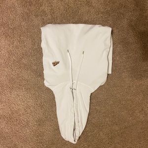 White hoodie with small pizza stitched on